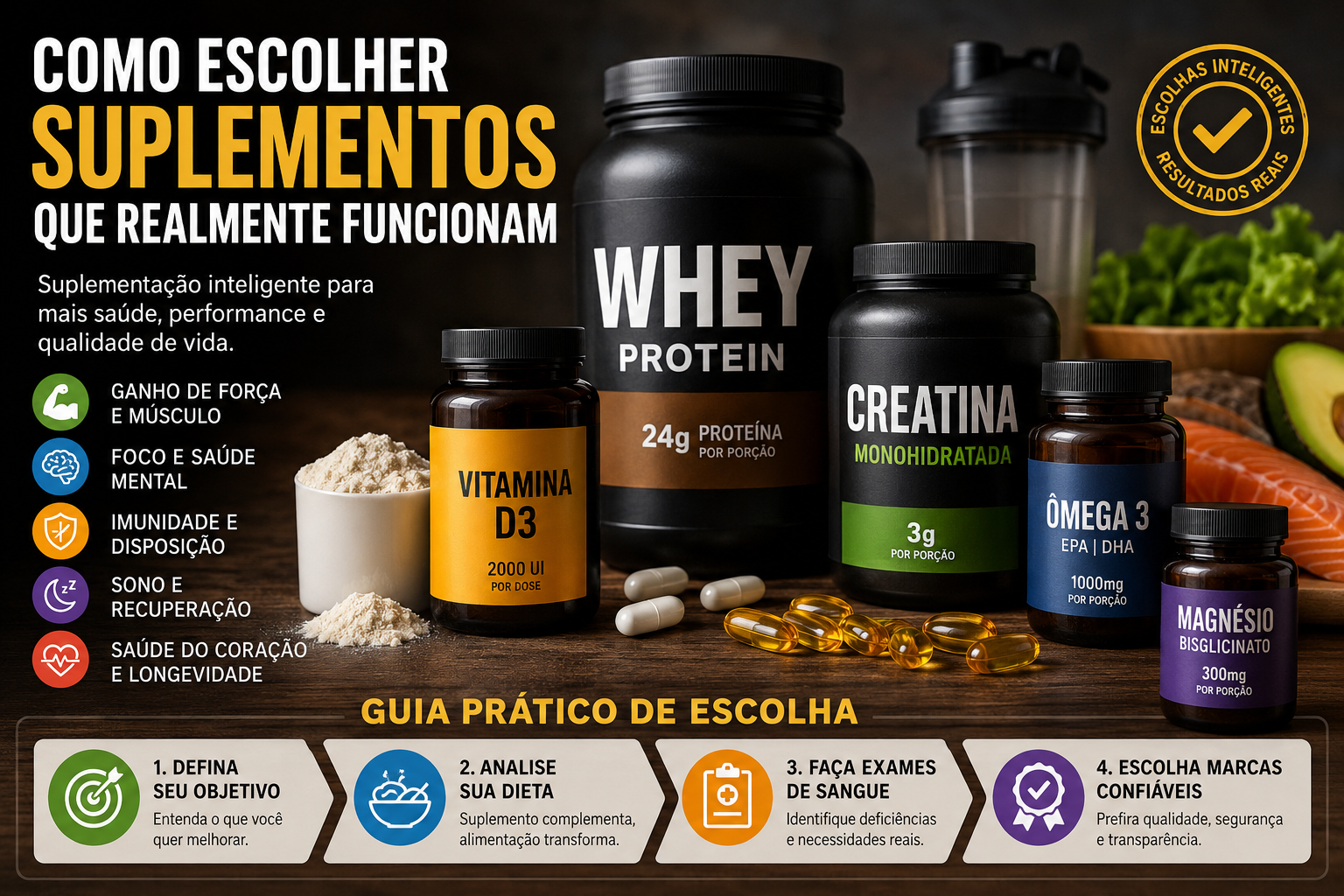 Imagem ilustrativa com Whey Protein, Creatina, Vitamina D3, Ômega 3 e Magnésio representando os principais suplementos com comprovação científica para saúde, força, energia e recuperação muscular.