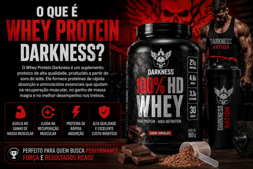 Pote de Whey Protein Darkness 100% HD em cenário de academia com visual fitness hardcore, destacando benefícios como ganho de massa muscular, recuperação muscular e rápida absorção.