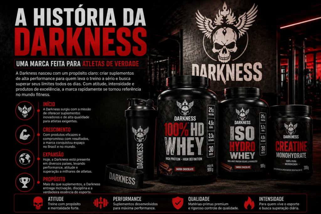 Linha de suplementos da marca Darkness com whey protein e creatina em cenário de academia com iluminação vermelha e visual fitness hardcore, representando a história e evolução da marca.