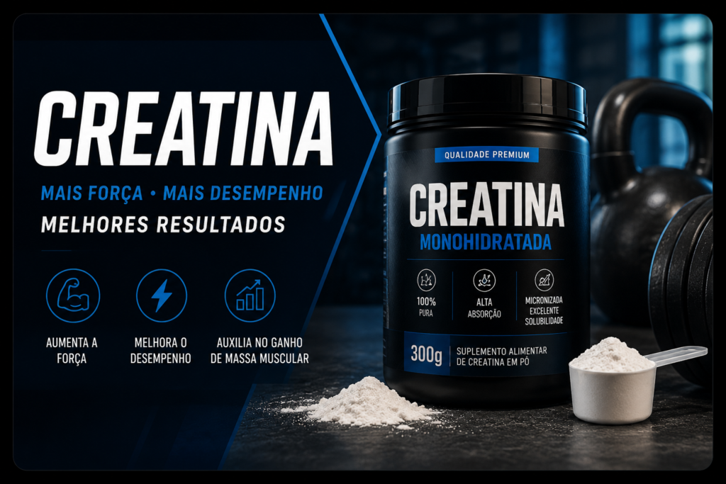 Pote de creatina monohidratada em destaque ao lado de acessórios de academia, representando força, energia muscular e melhora do desempenho físico.