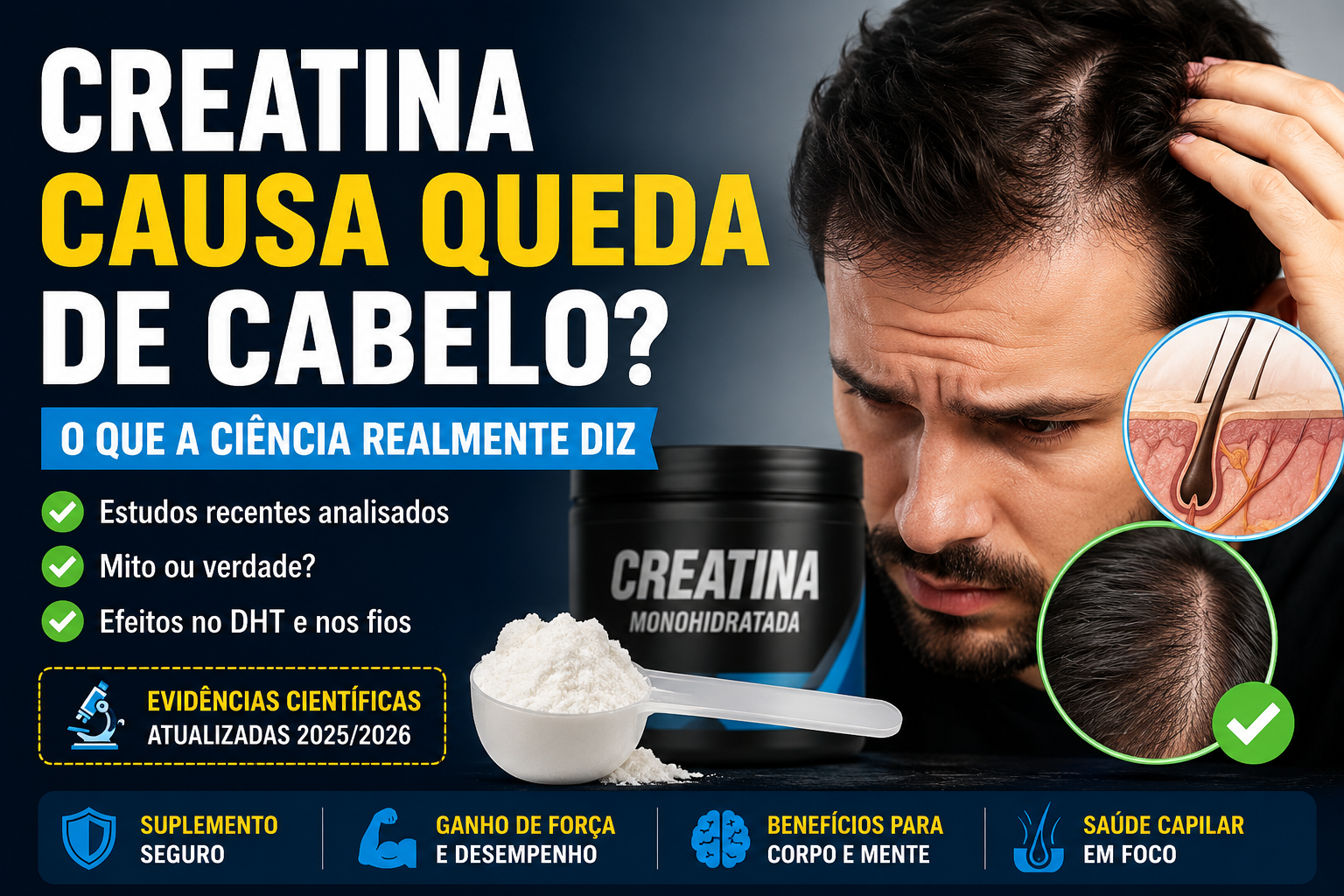 Creatina causa queda de cabelo? O que a ciência realmente diz em 2026