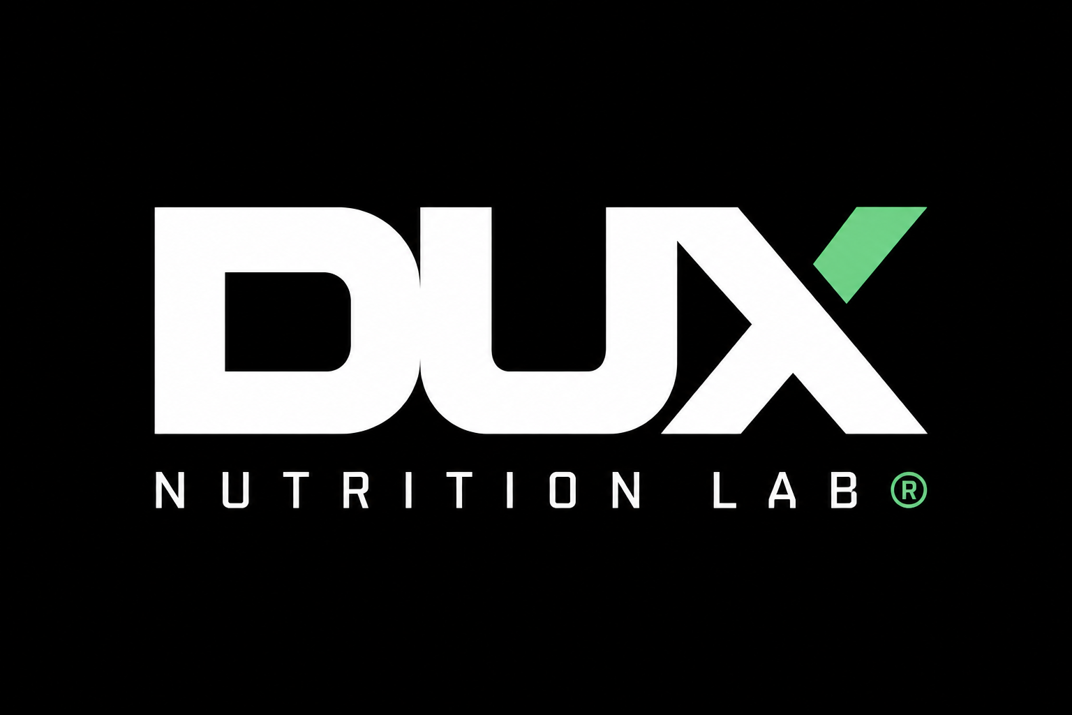 Logo moderno inspirado na marca Dux Nutrition Lab em fundo preto com tipografia branca minimalista e detalhe verde