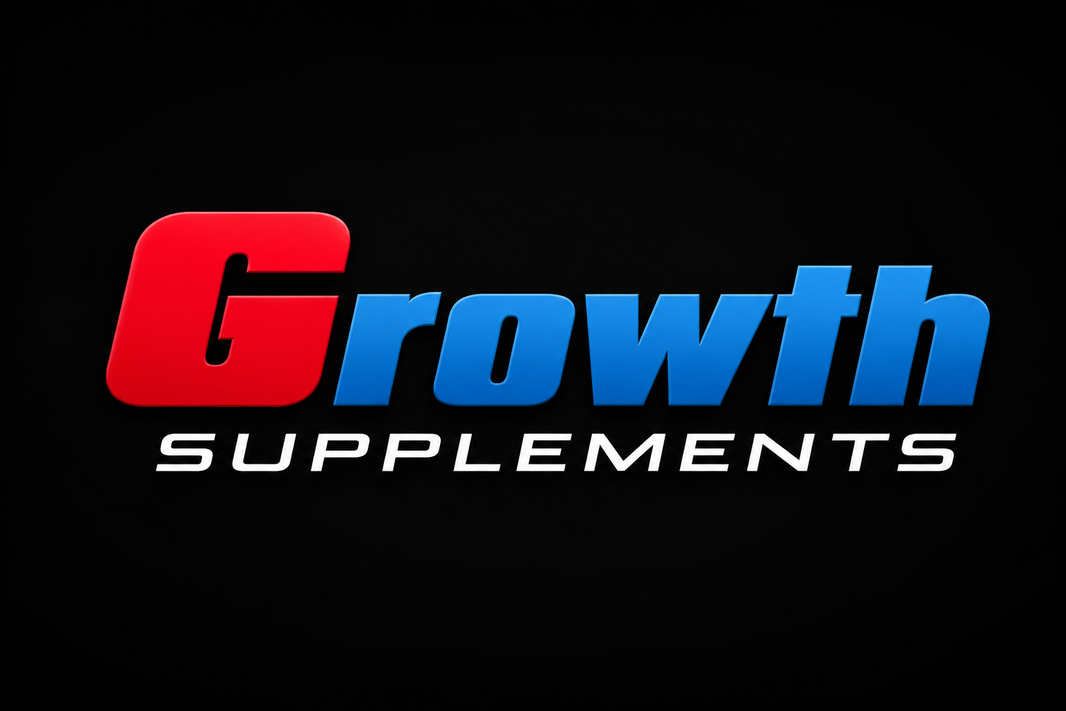 Logo estilizado da marca Growth Supplements em fundo preto com design moderno nas cores vermelho, azul e branco.