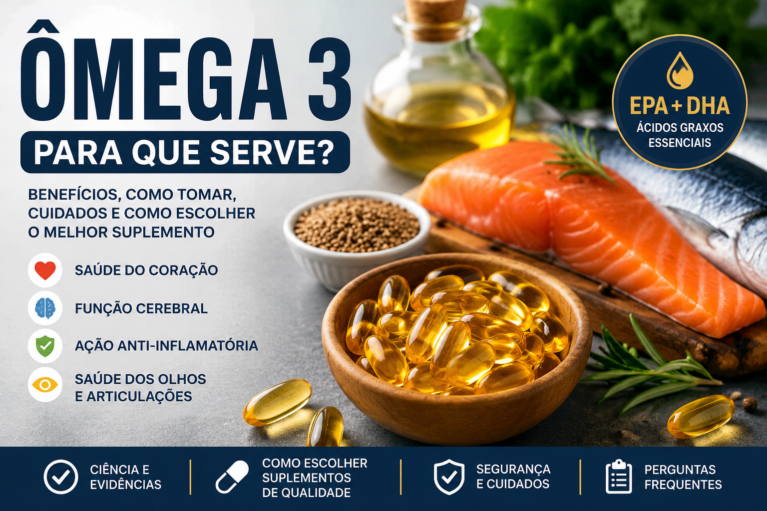 Imagem ilustrativa sobre ômega 3 mostrando cápsulas de óleo de peixe, salmão, sardinha, sementes e informações sobre benefícios para coração, cérebro e articulações.