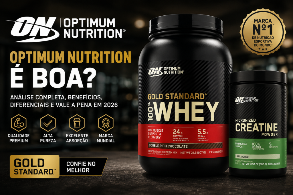 Imagem destacada da marca Optimum Nutrition com destaque para o Whey Gold Standard e conceito de suplementação premium para ganho de massa muscular e performance.