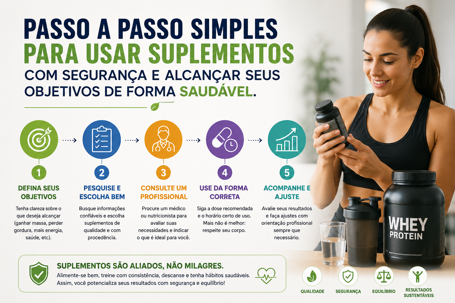 Pessoa organizando suplementos alimentares ao lado de alimentação saudável e garrafa de água, representando uso consciente para alcançar objetivos com segurança.
