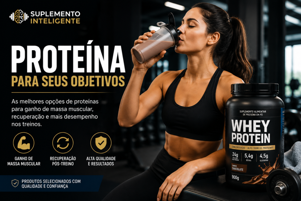 Pote de whey protein em destaque em ambiente de academia, representando suplementação proteica para ganho de massa muscular, recuperação e desempenho esportivo.