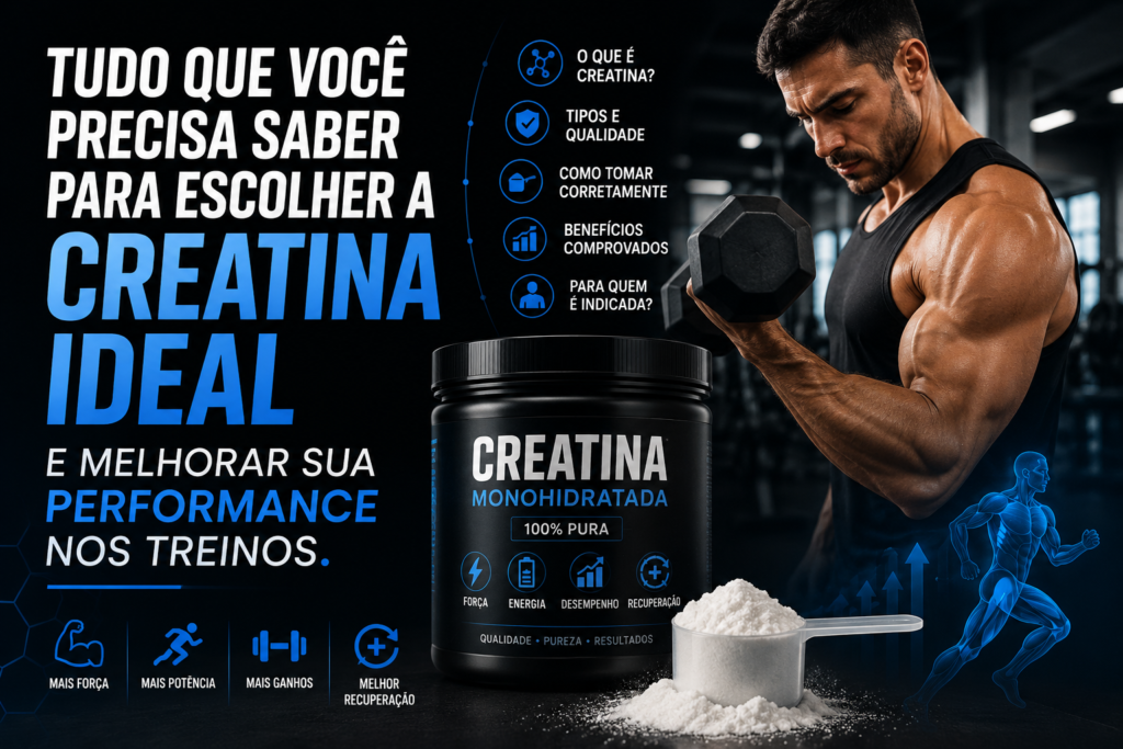 Homem treinando na academia ao lado de pote de creatina monohidratada com destaque para performance, força e recuperação muscular.