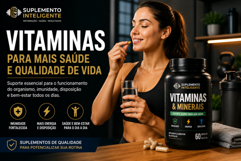 Mulher tomando suplemento vitamínico com copo de água ao lado de frasco de vitaminas e minerais, representando saúde, imunidade e qualidade de vida.