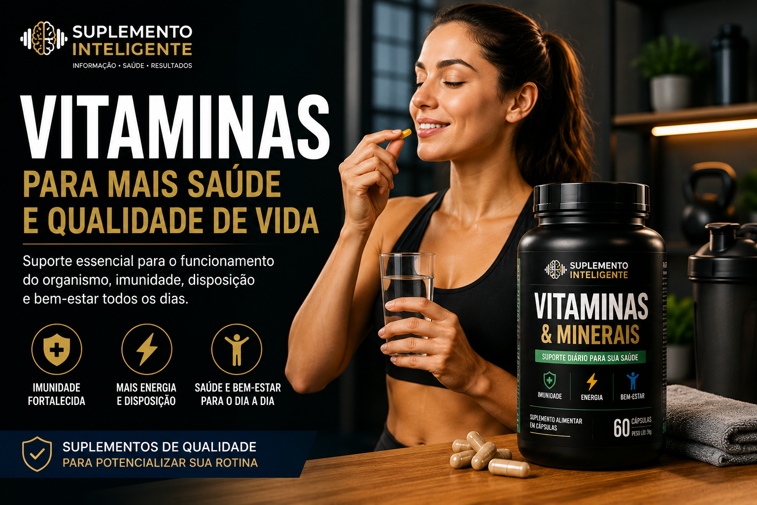 Mulher tomando suplemento vitamínico com copo de água ao lado de frasco de vitaminas e minerais, representando saúde, imunidade e qualidade de vida.