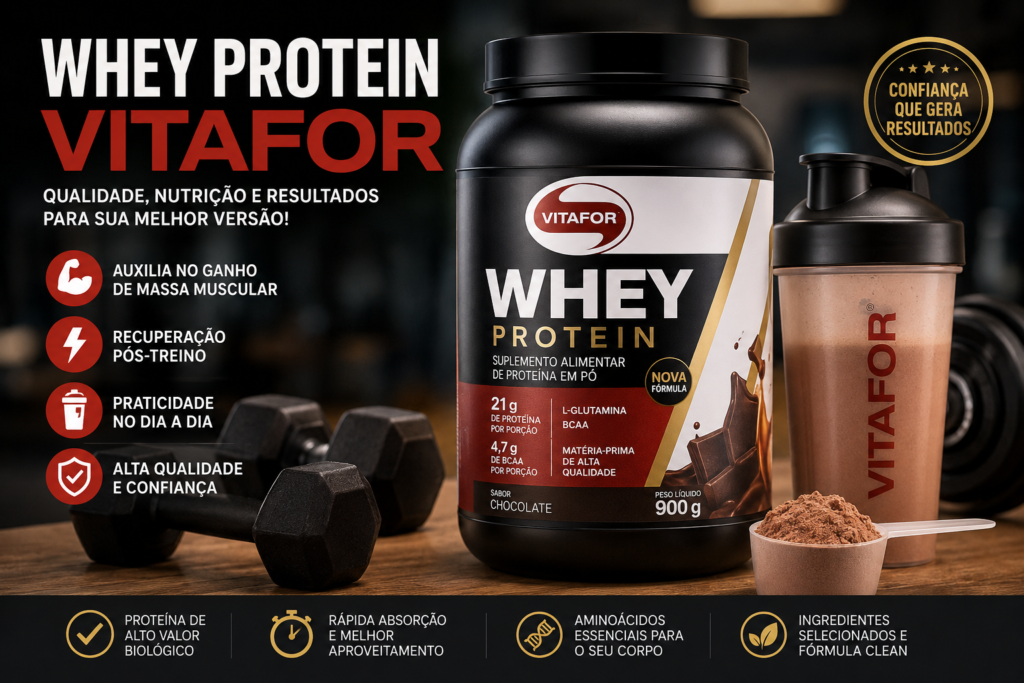 Imagem promocional do Whey Protein Vitafor sabor chocolate ao lado de shaker e halteres em ambiente de academia, destacando benefícios como ganho de massa muscular, recuperação pós-treino e rápida absorção.
