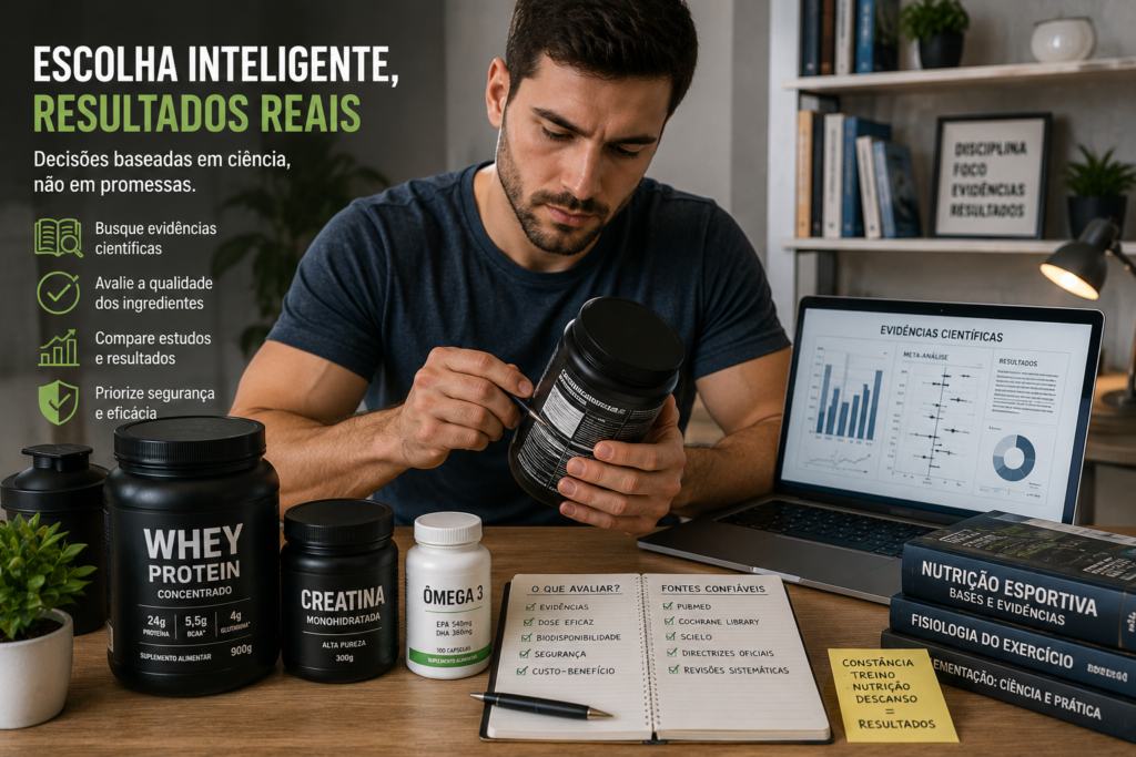 Pessoa analisando rótulos de suplementos e consultando estudos científicos para escolher creatina, whey protein e ômega 3 de forma consciente.