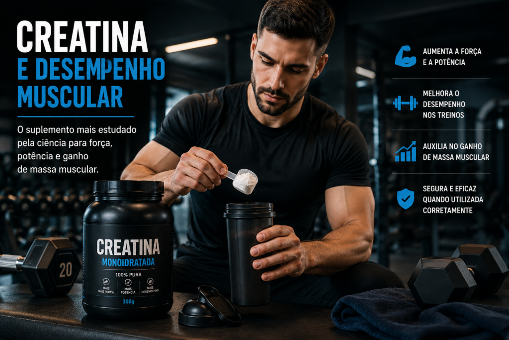 Praticante de musculação preparando creatina monohidratada antes do treino para melhorar força, potência e desempenho muscular.