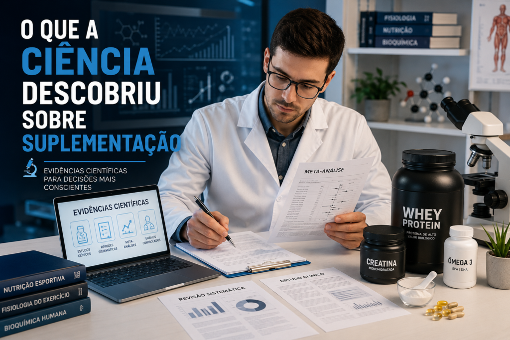 Pesquisador analisando estudos científicos sobre suplementação alimentar, creatina, proteínas e vitaminas em ambiente de laboratório.