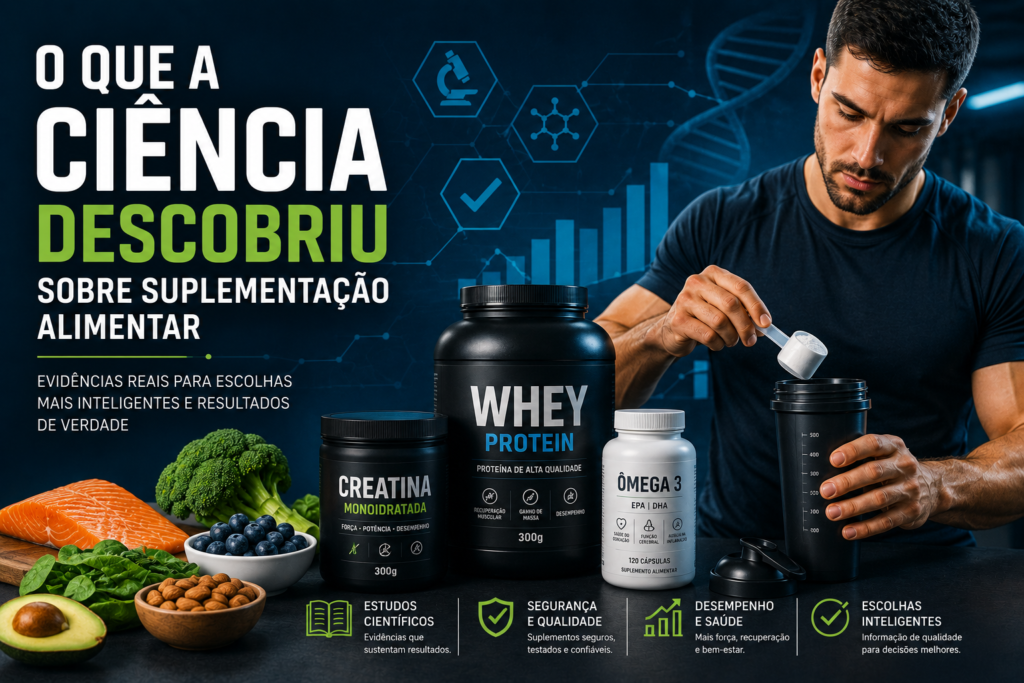 Imagem destacada sobre suplementação alimentar baseada em evidências científicas, mostrando creatina, whey protein, ômega 3, alimentos saudáveis e análise de estudos científicos.