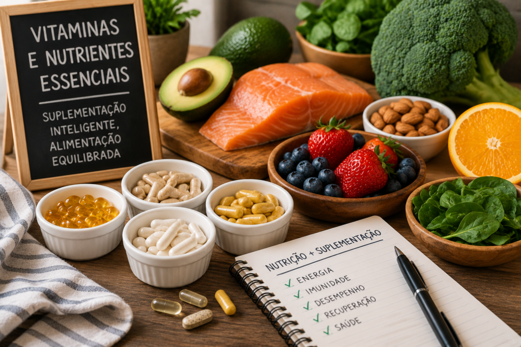 Vitaminas, cápsulas, frutas, vegetais, salmão e alimentos ricos em nutrientes essenciais para uma alimentação equilibrada e suplementação consciente.