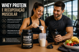 Homem e mulher preparando whey protein após o treino para recuperação muscular e aumento da ingestão de proteínas.